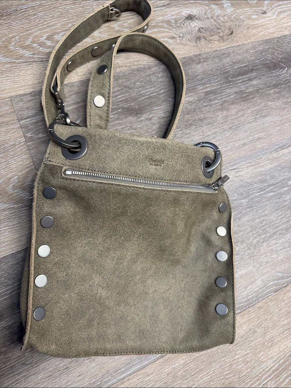 Hammitt Vintage Gray Leather Crossbody Bag with Silver Zip